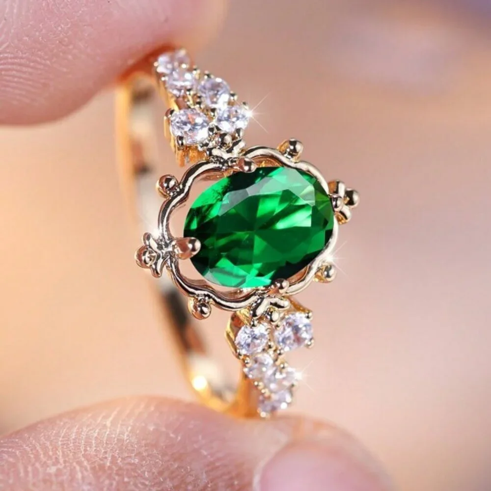 18K Gold Filled Emerald Green Crown Ring - Size 8